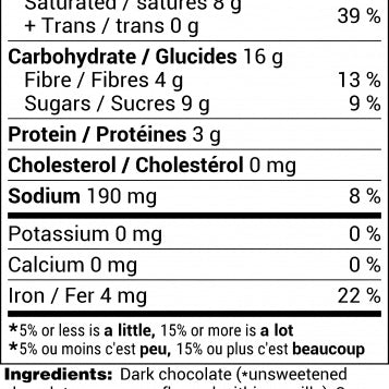 nutritional info for sea sparkler chocolate bar from rogers chocolate. black writing on white background