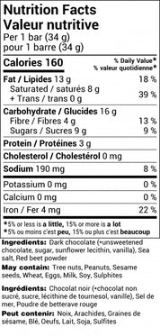nutritional info for sea sparkler chocolate bar from rogers chocolate. black writing on white background