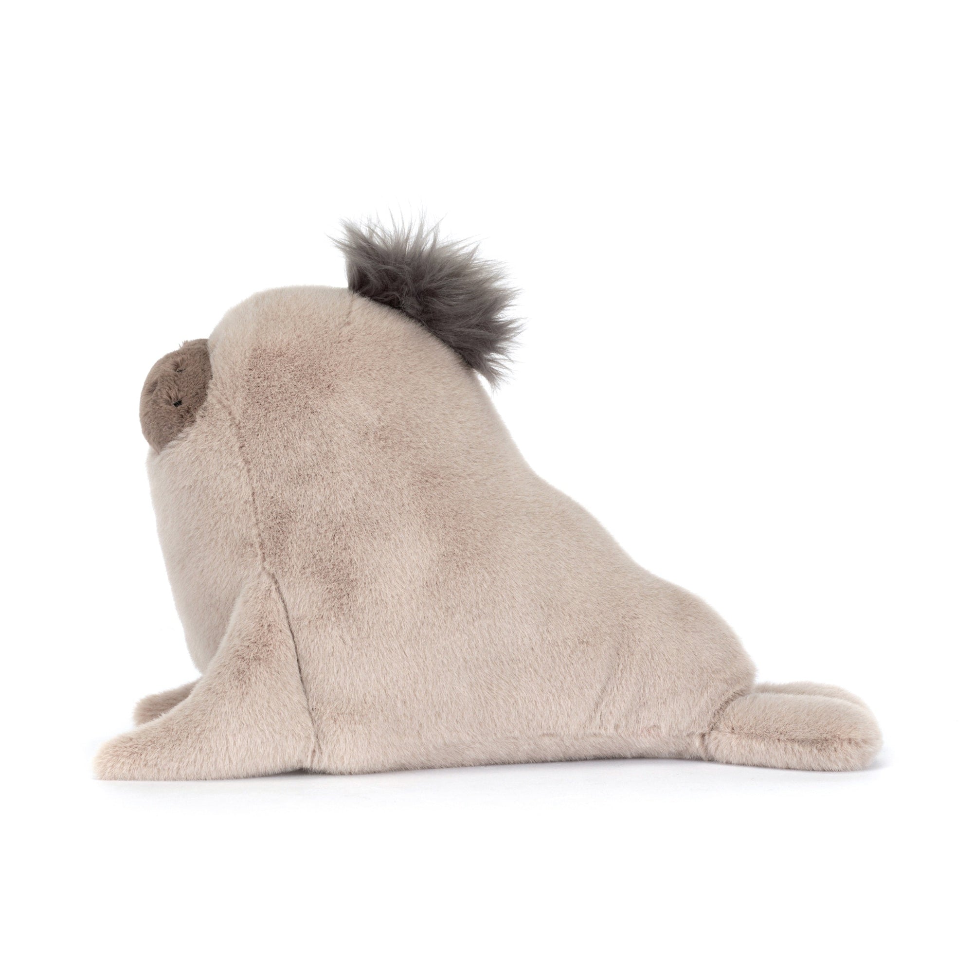 side view of Plush jellycat grey toy sea lion on a white background