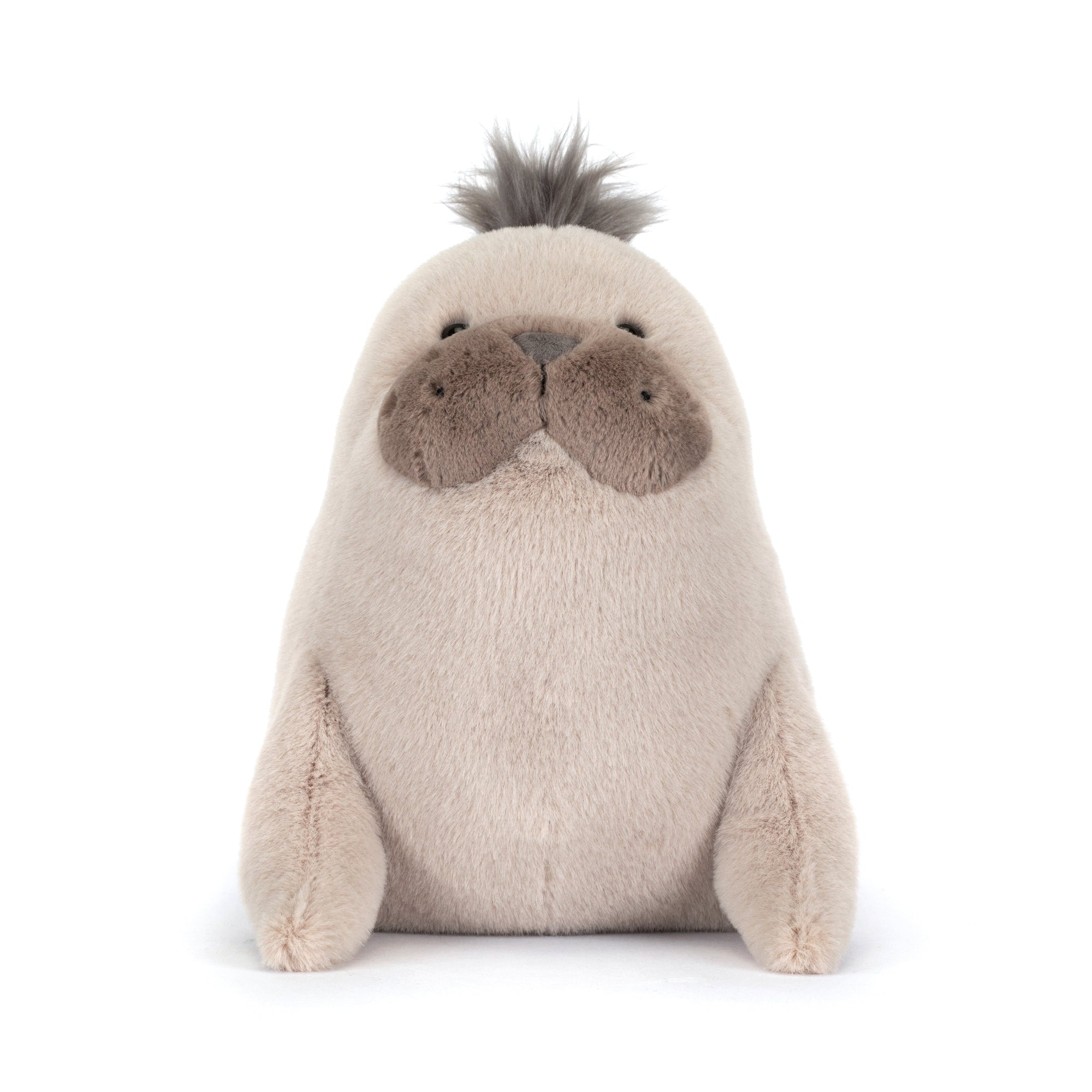 Plush jellycat grey toy sea lion on a white background