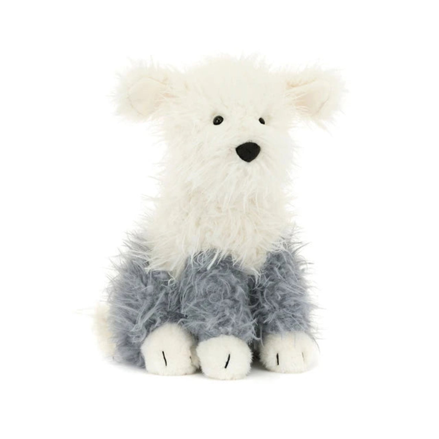 Plush jellycat shaggy sheepdog with white fur and gray legs on a white background
