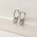 SILVER FLUTTER HEART HUGGIE DROP HOOP EARRINGS by LOVER'S TEMPO
