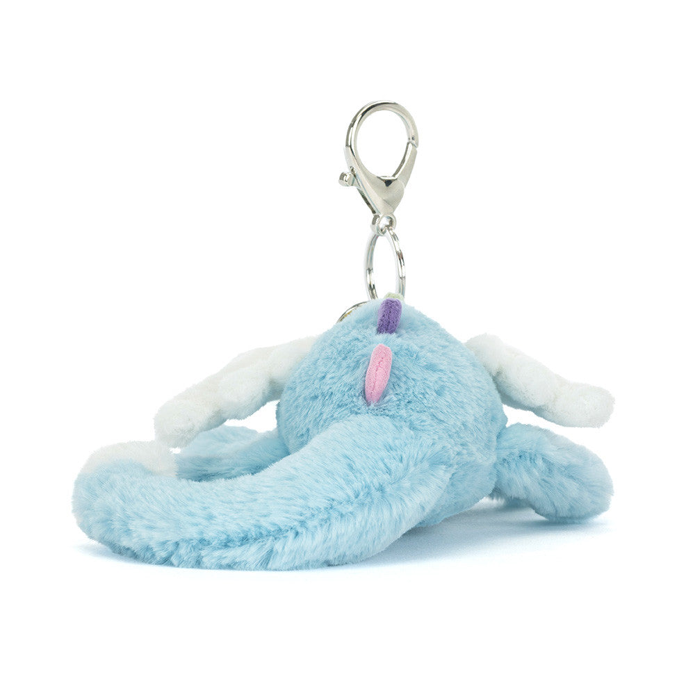 back view of Plush jellycat blue dragon keychain or bag charm on a white background
