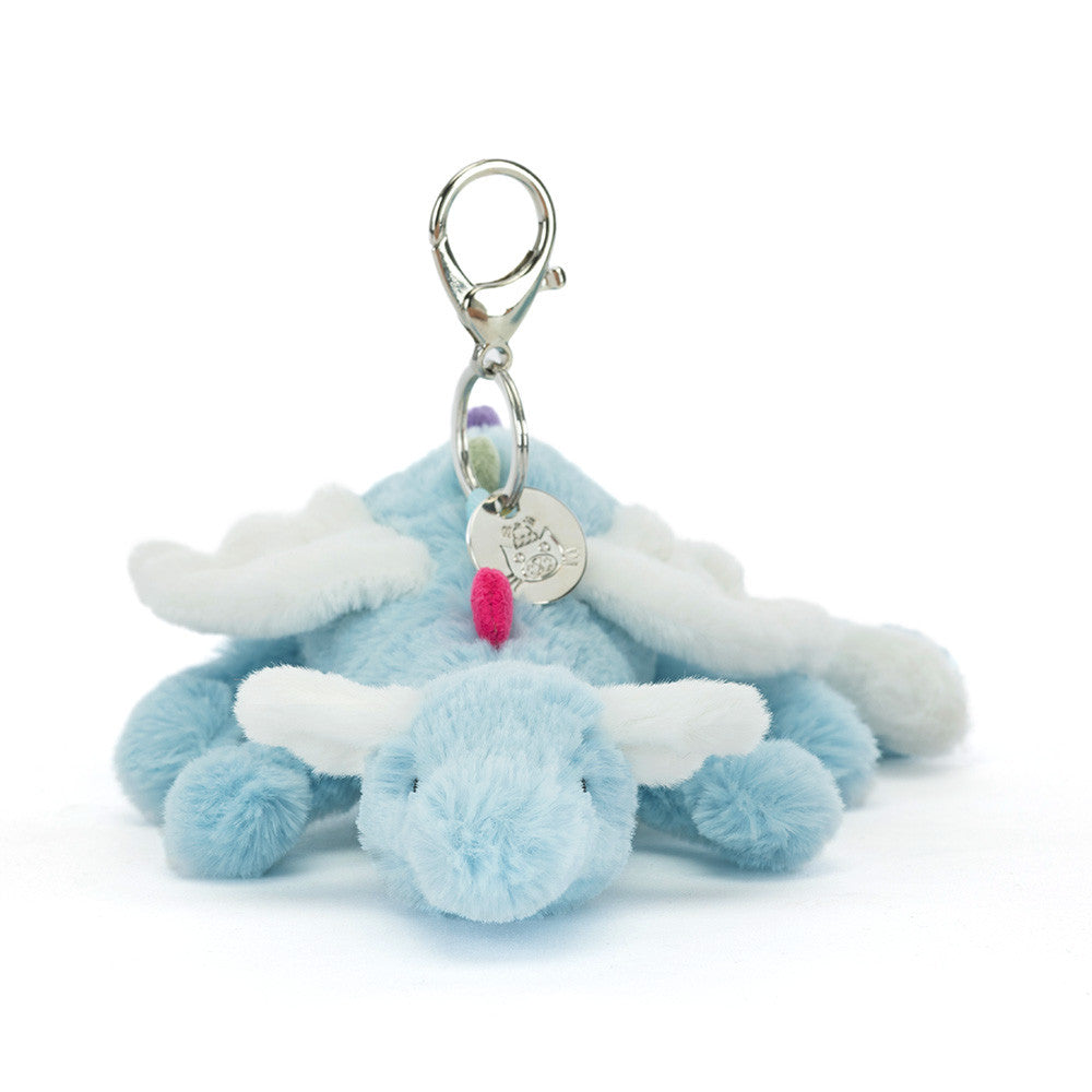 front view of Plush jellycat blue dragon keychain or bag charm on a white background