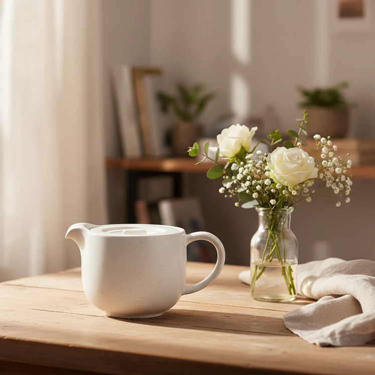 White teapot and vase with flowers on a wooden table in a softly lit room.