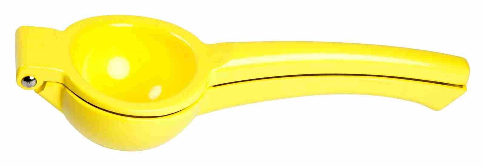 Yellow manual citrus press on a white background