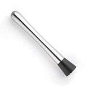 Metallic cocktail muddler with black silicone end on a white background