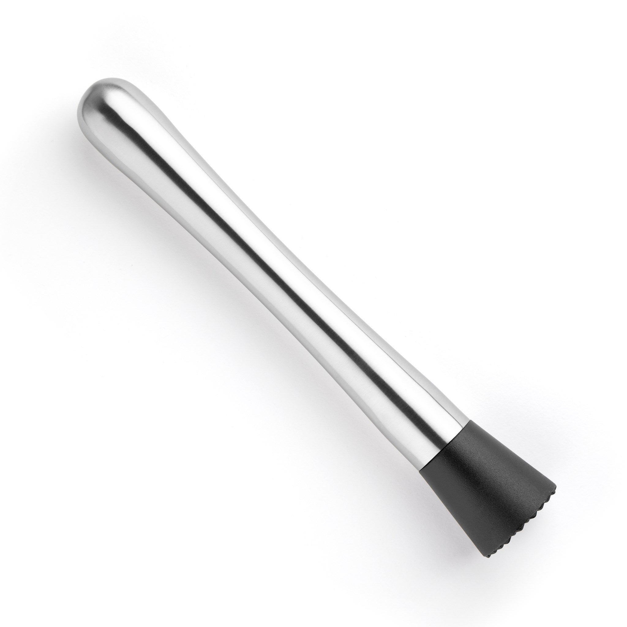 Metallic cocktail muddler with black silicone end on a white background