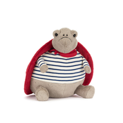 Plush grumpy turtle with red shell, red necktie and blue and white stripped top on a white background