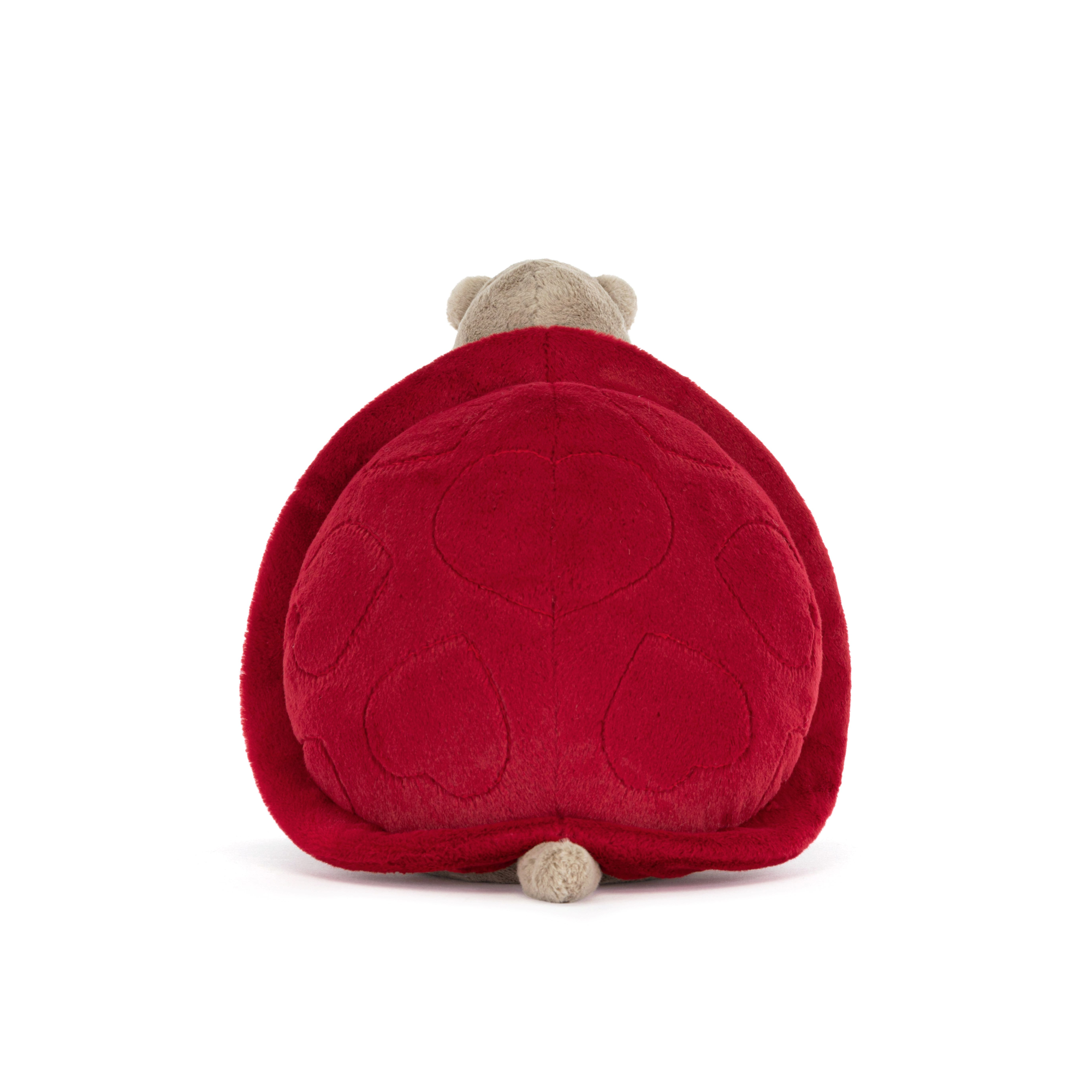 back view of Plush grumpy turtle with red shell, red necktie and blue and white stripped top on a white background