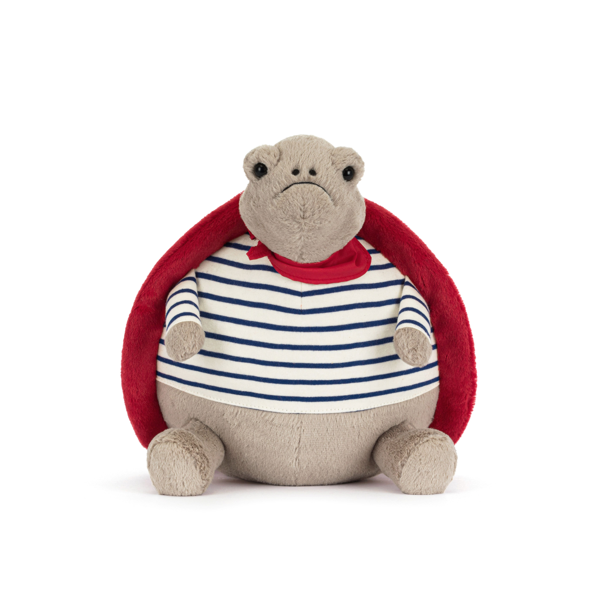 Plush grumpy turtle with red shell, red necktie and blue and white stripped top on a white background