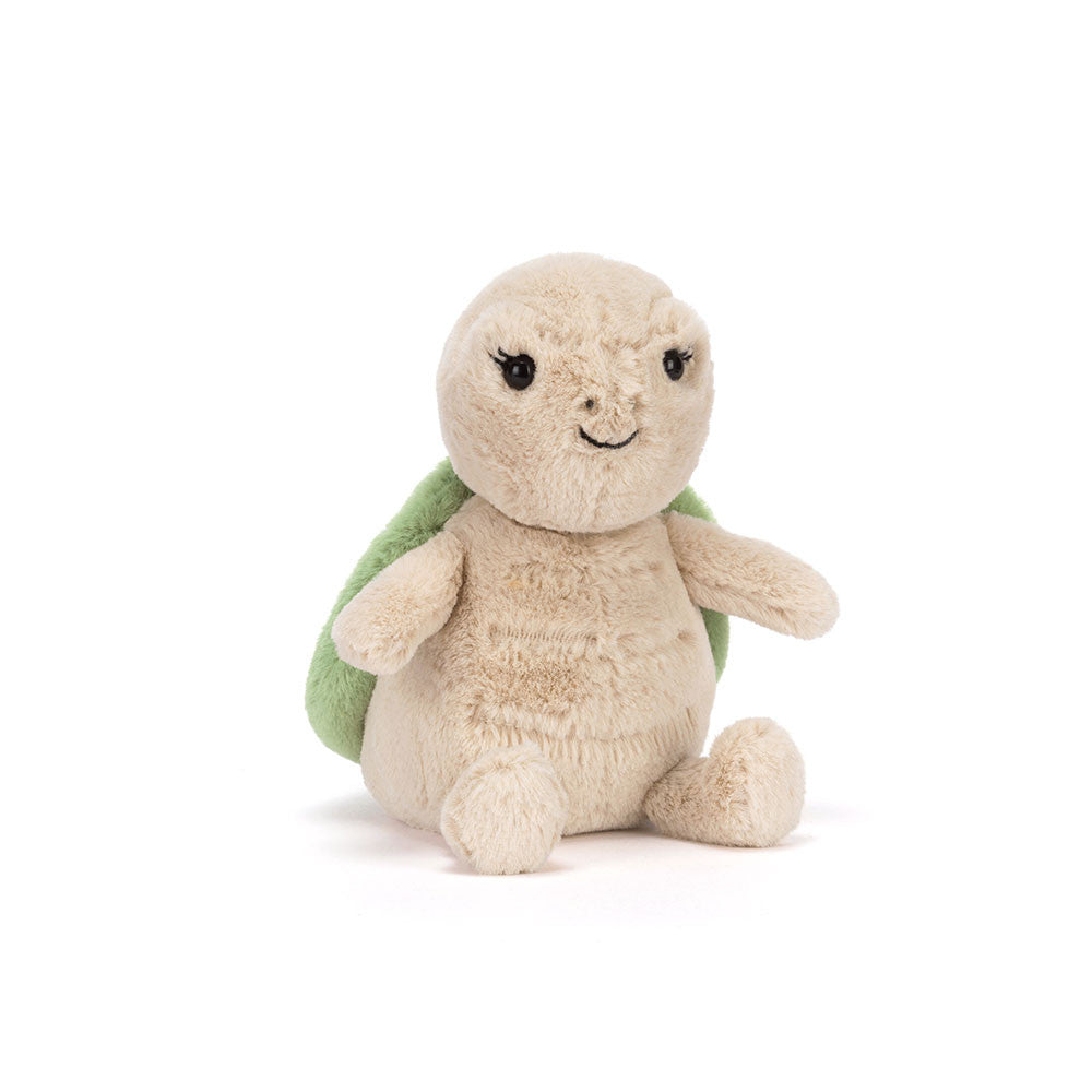 Plush turtle toy with a green shell on a white background