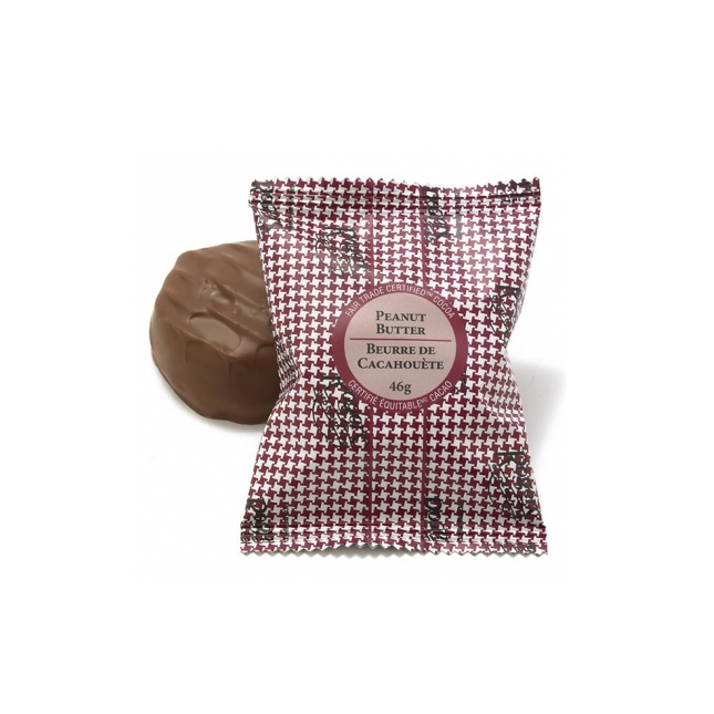 ROGER'S chocolate covered milk peanut butter treat with a brown and white checkered design package