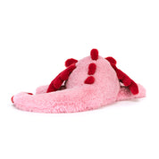 back view of pink and red plush dragon toy on a white background