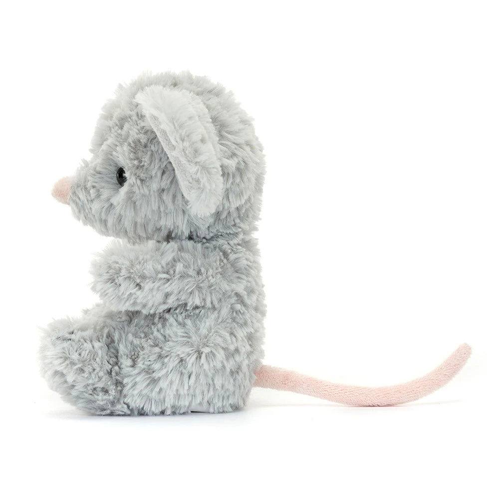 side view of a Plush jellycat mouse on a white background