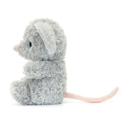 side view of a Plush jellycat mouse on a white background