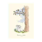light beige greeting card with a illustrations of squirrels throwing acorns at a bunny from a tree, text reads 'acorny joke"