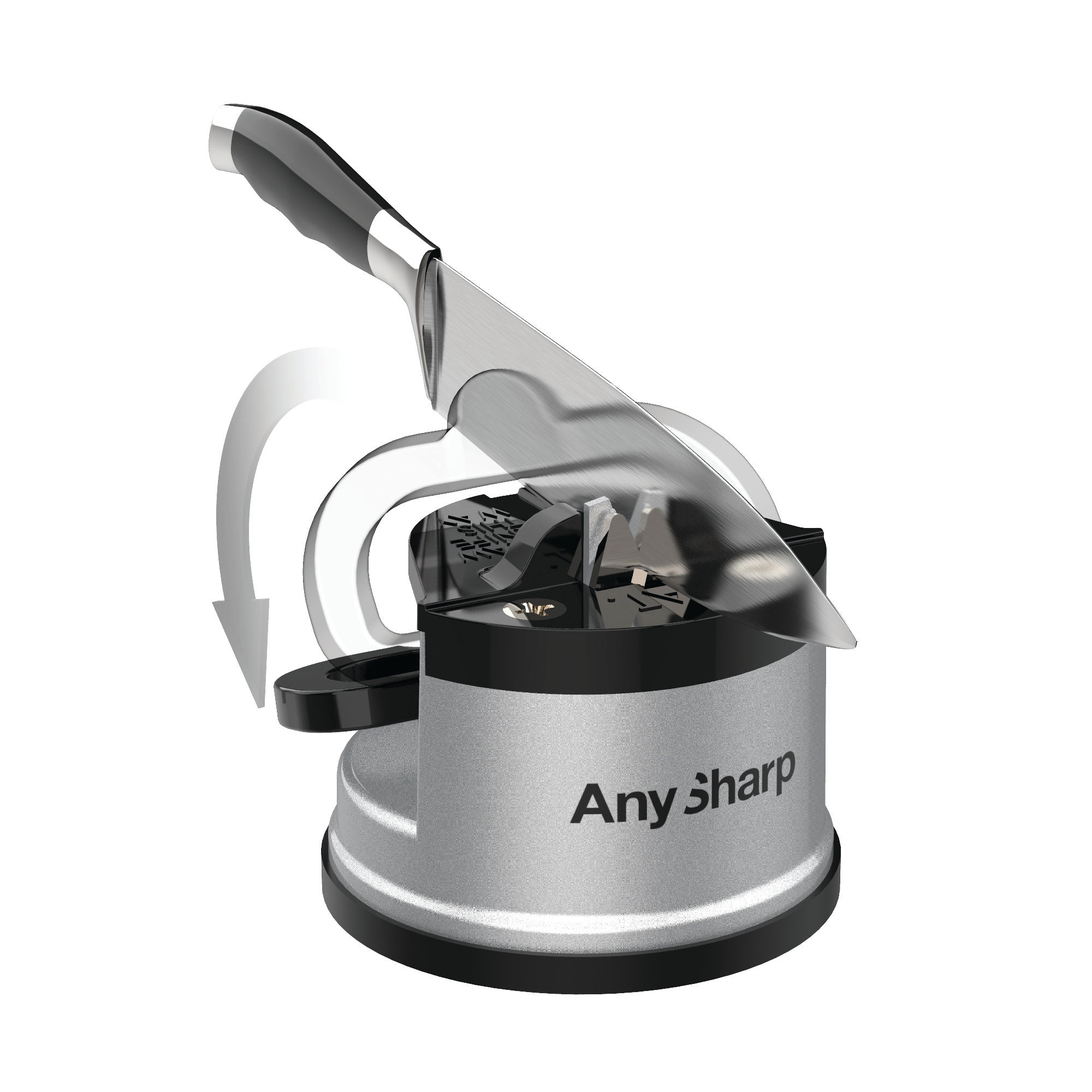 Knife sharpener with a knife inserted on a white background, branded 'Any Sharp'.