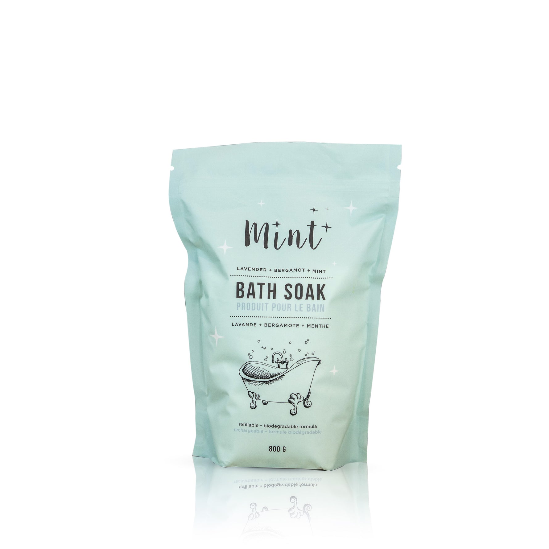 Mint bath soak packaging on a white background