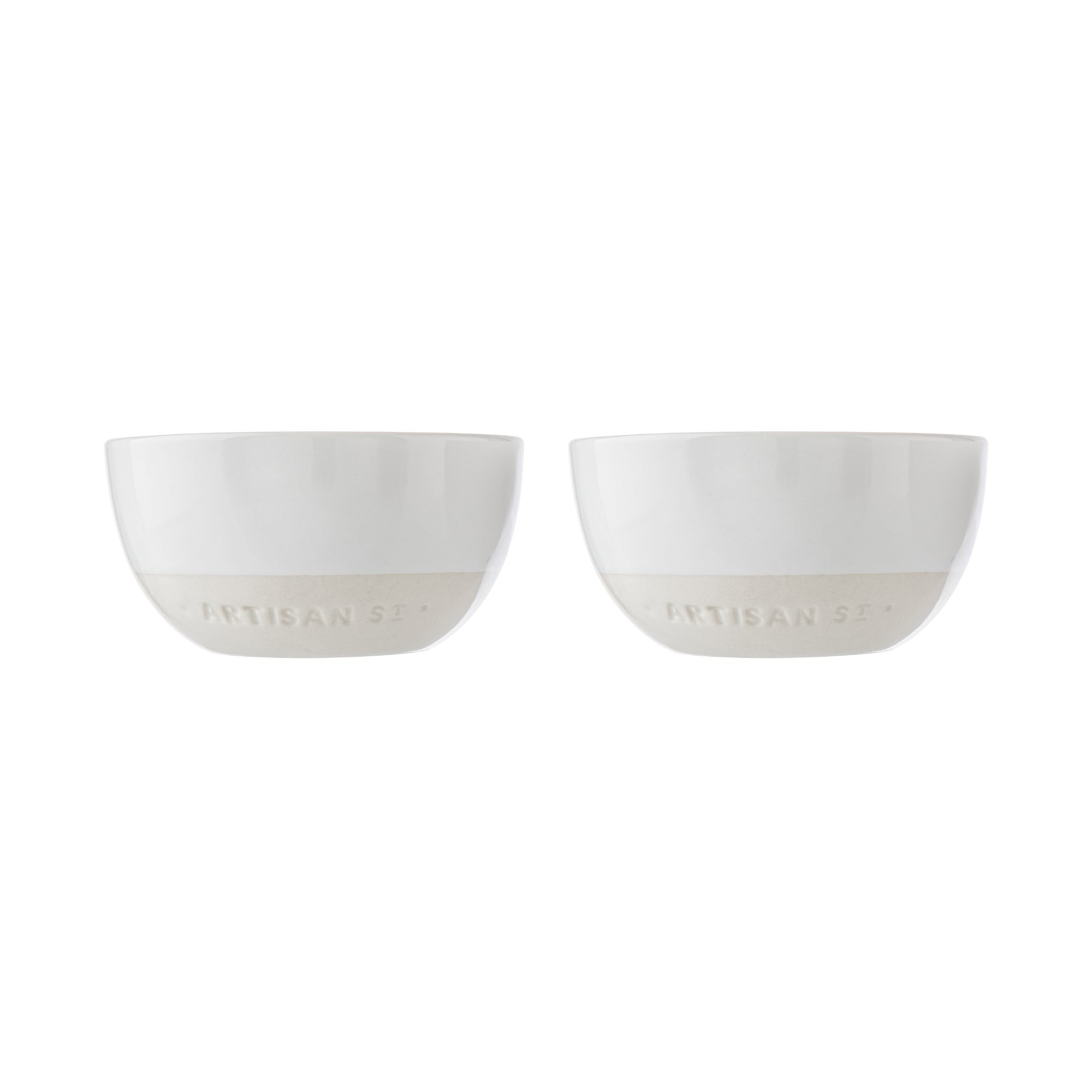 Two white ceramic bowls with 'artisan set' branding on a white background