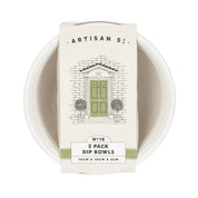 Two white ceramic dip bowls with a packaging label on a white background