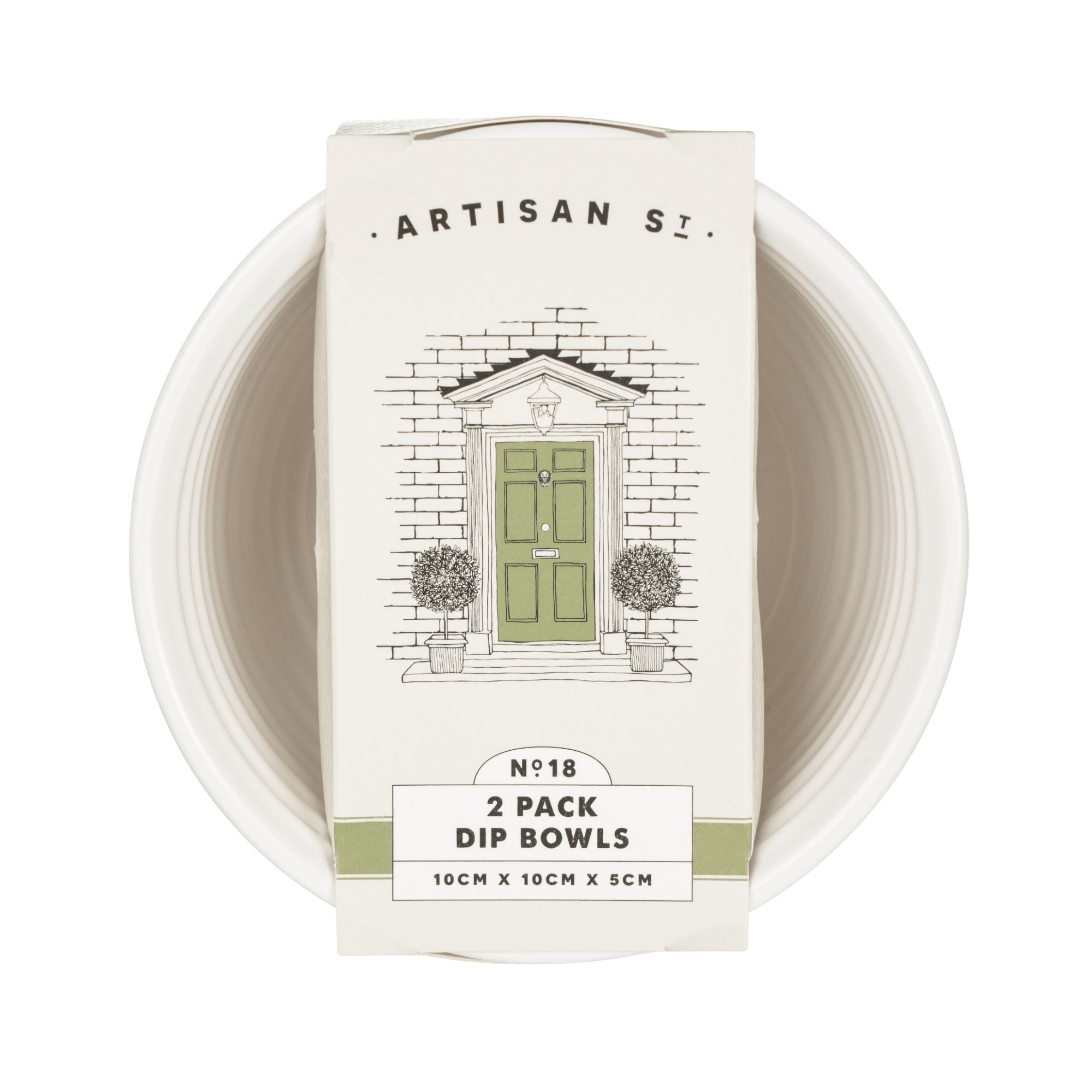 Two white ceramic dip bowls with a packaging label on a white background