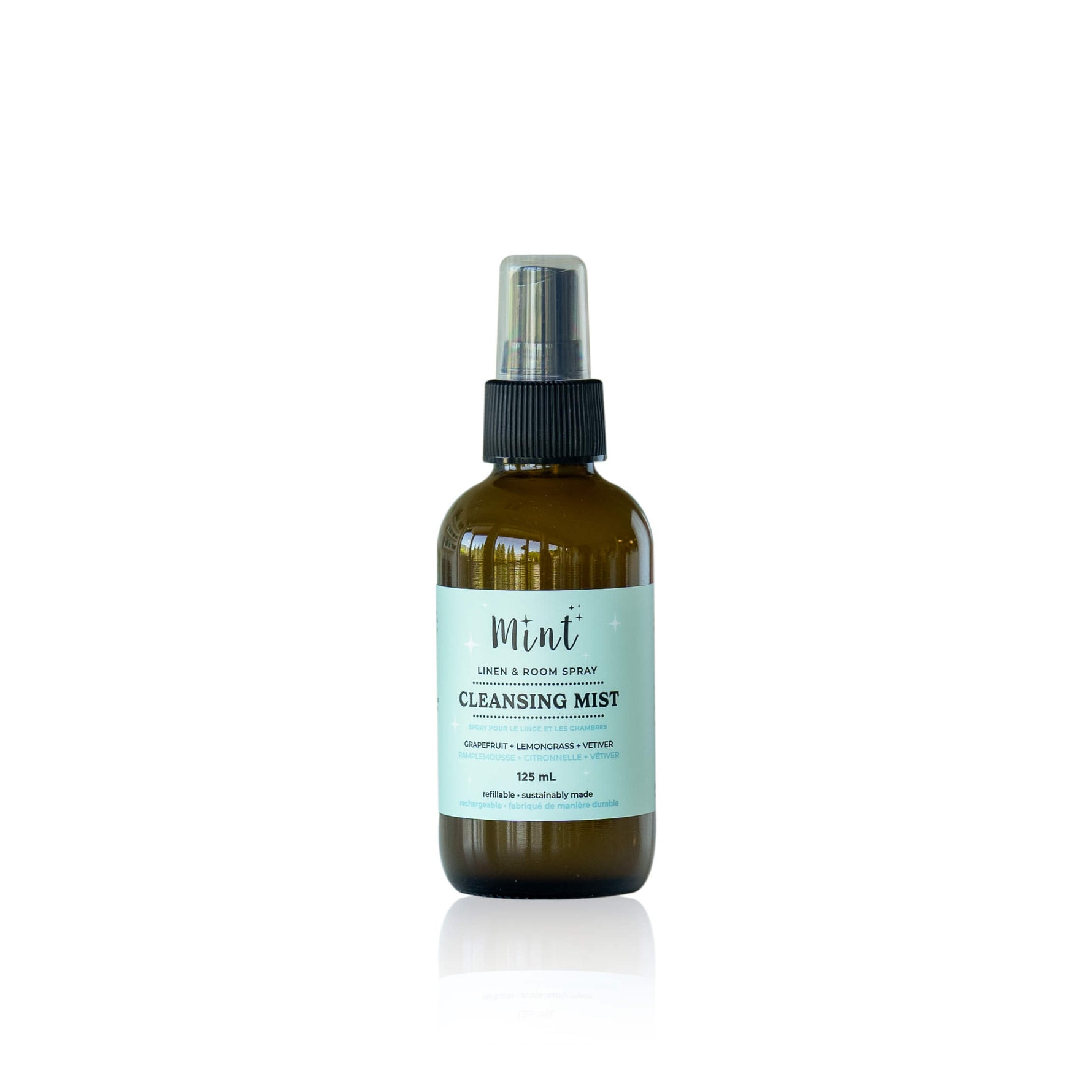 Cleansing mist bottle with a label on a white background