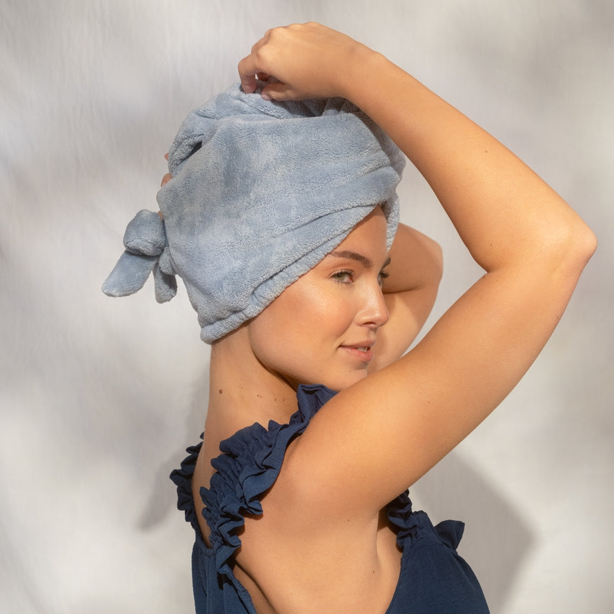 QUICK DRY HAIR TOWEL in COASTAL BLUE WITH BOW  by KITSCH