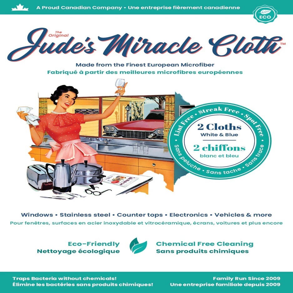 Advertisement for Jude's Miracle Cloth with vintage-style illustration of a woman cleaning.