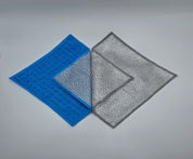 Blue and gray mesh jude's cleaning clothes on a gray background