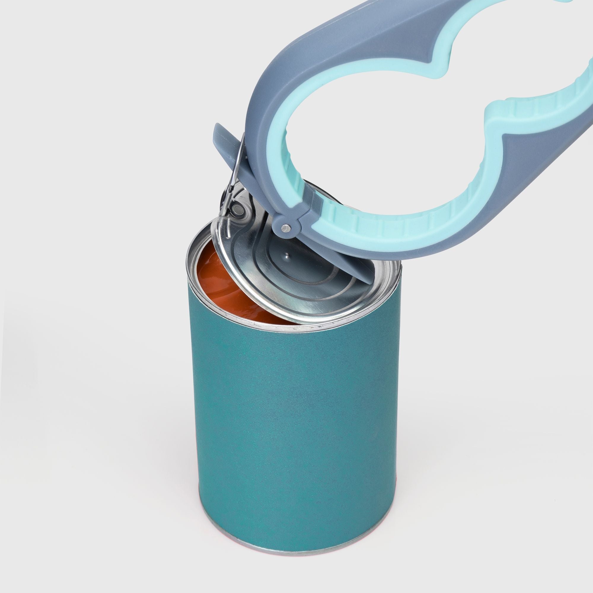 Teal can with a blue lid on a white background