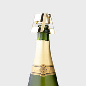 Green champagne bottle with gold foil top on a light gray background