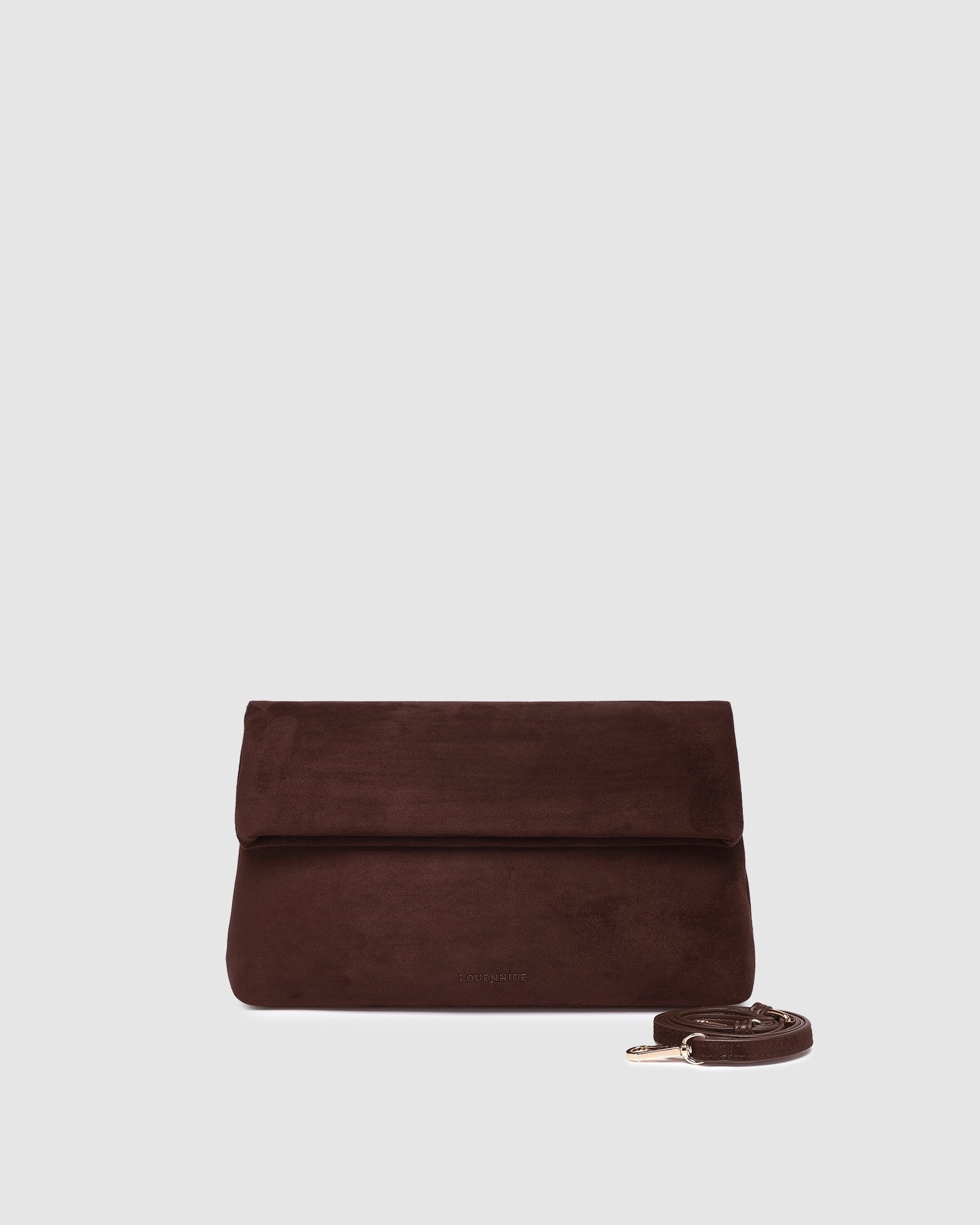 LUKA SUEDE CLUTCH CROSSBODY BAG in CHOCOLATE by LOUENHIDE