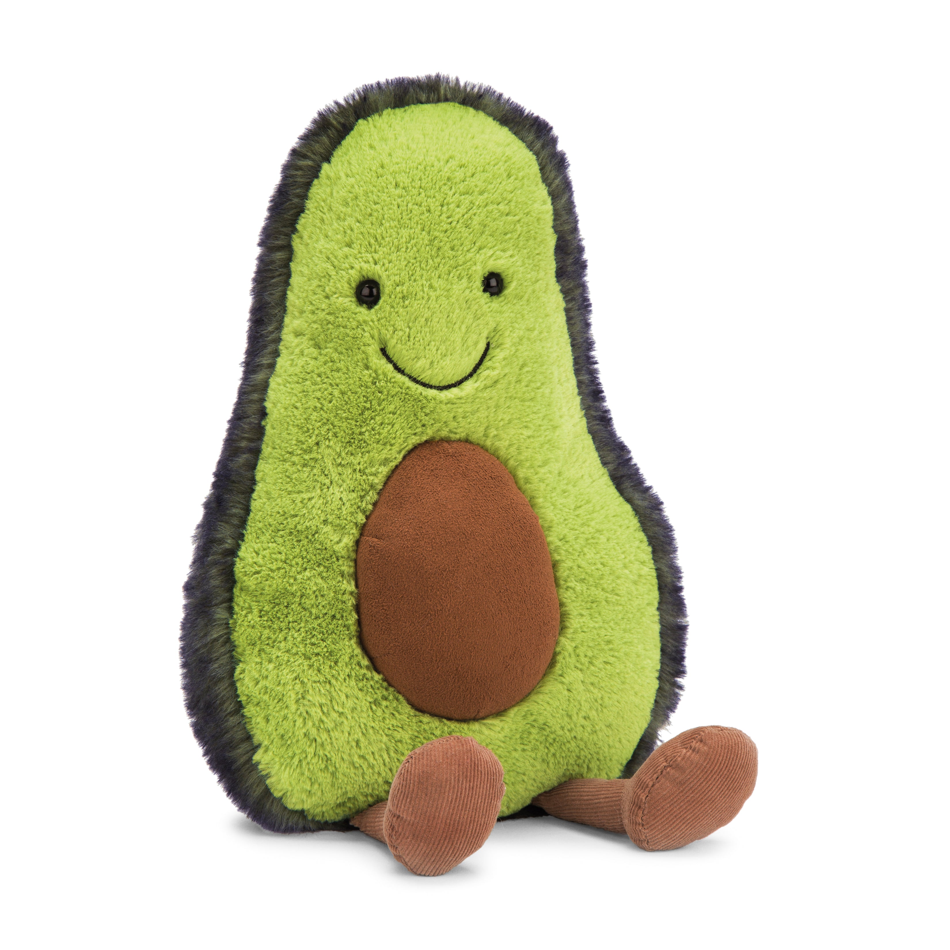 fluffy green and brown stuffed plush toy avocado with black smily face