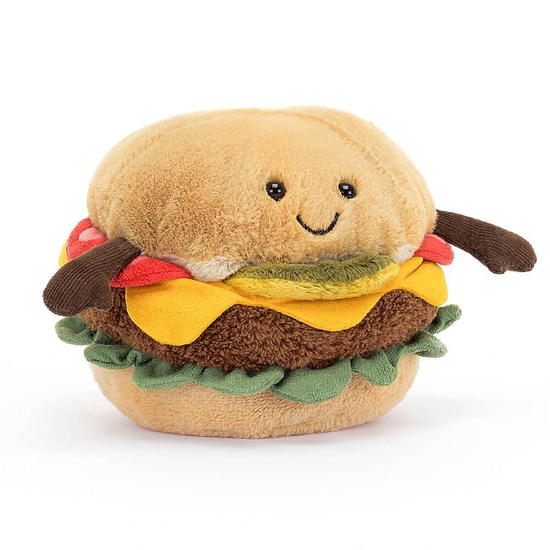 fuzzy soft stuffed plush toy of an all dressed burger with black smiley face