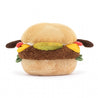 back view of fuzzy soft stuffed plush toy of an all dressed burger