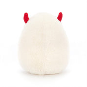 back view of white and yellow fried egg stuffed plush toy with red devil horns by jellycat