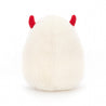 back view of white and yellow fried egg stuffed plush toy with red devil horns by jellycat