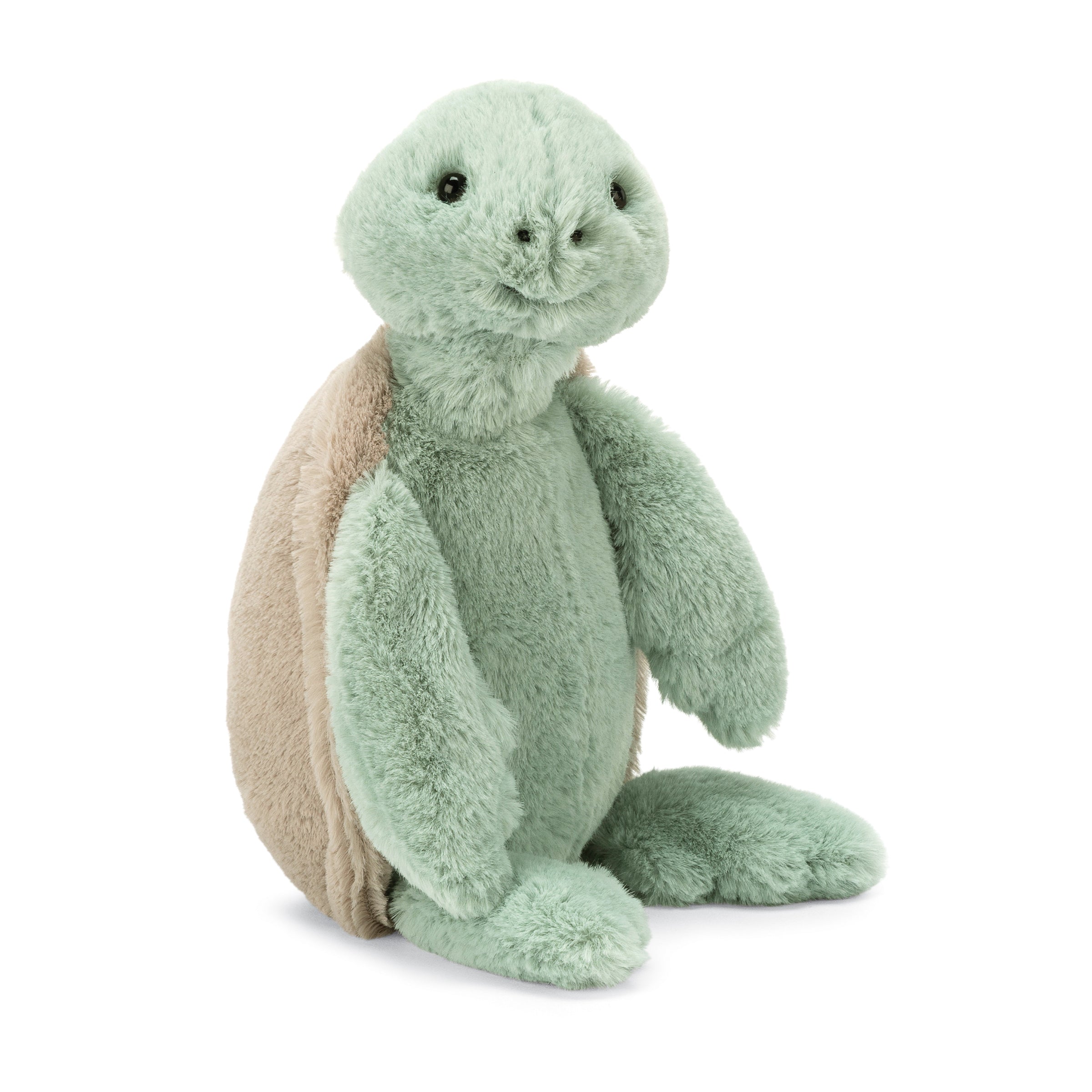 stuffed plush toy of a light teal and brown soft small turtle made by jellycat