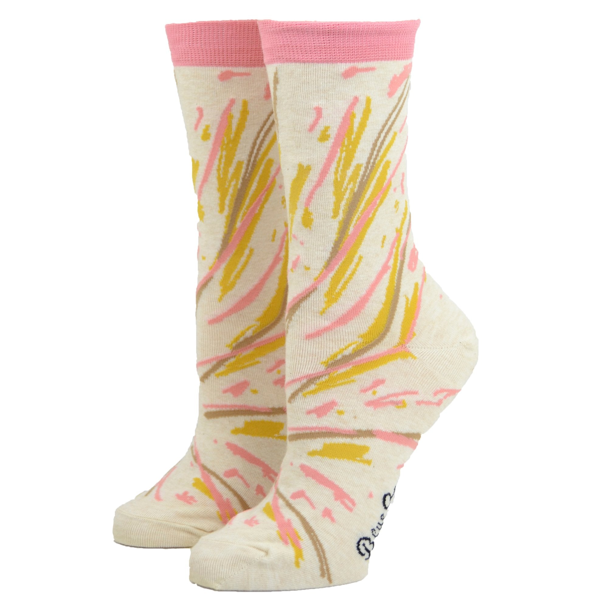 cream socks with yellow and pink lines