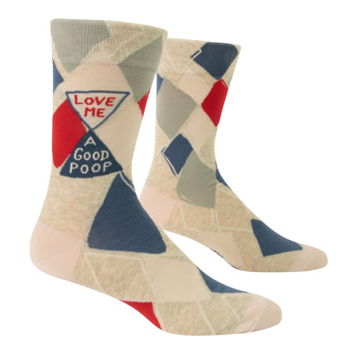 grey socks with red and blue diamonds on side it says love me a good poop