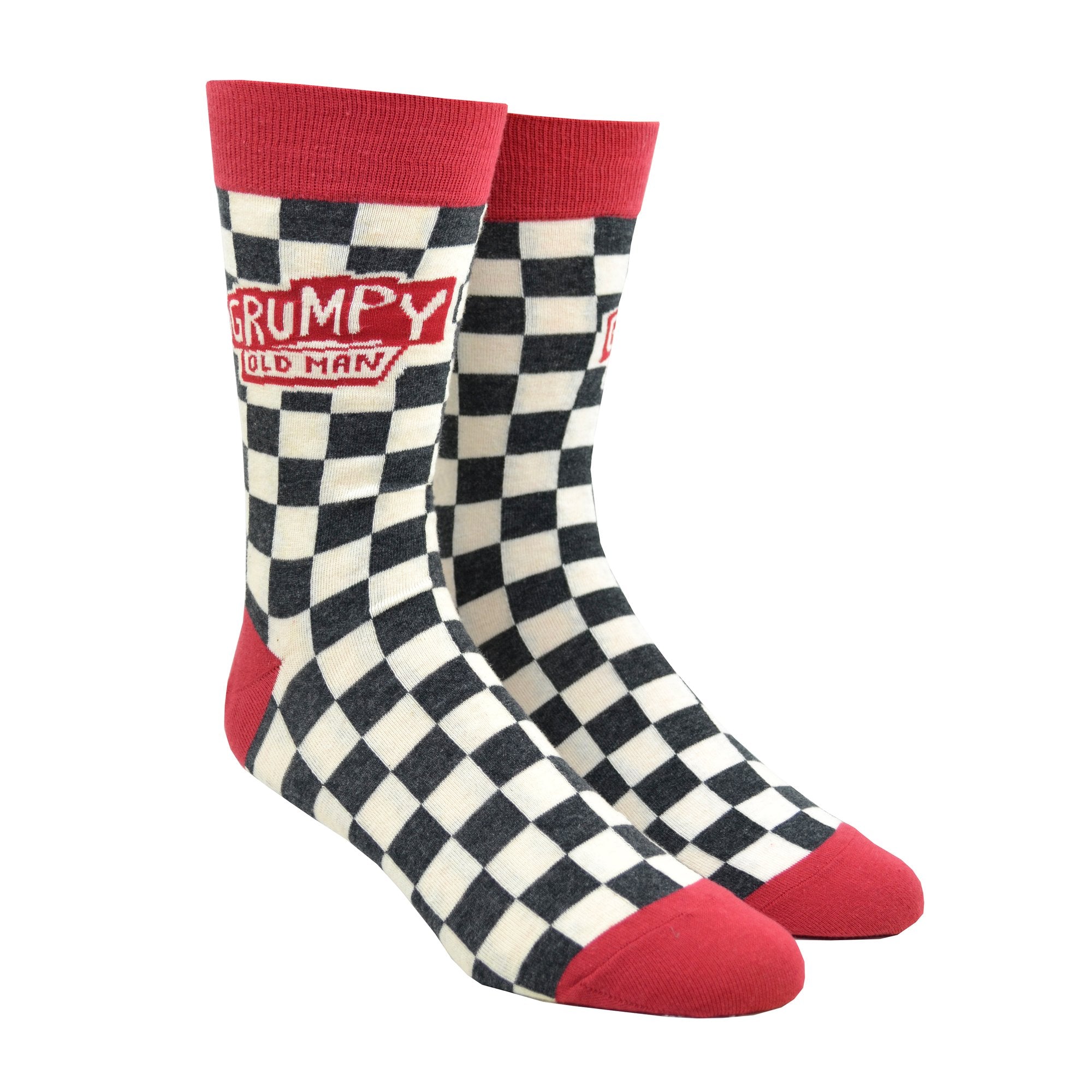black and white checker socks with red tips and it says grumpy old man