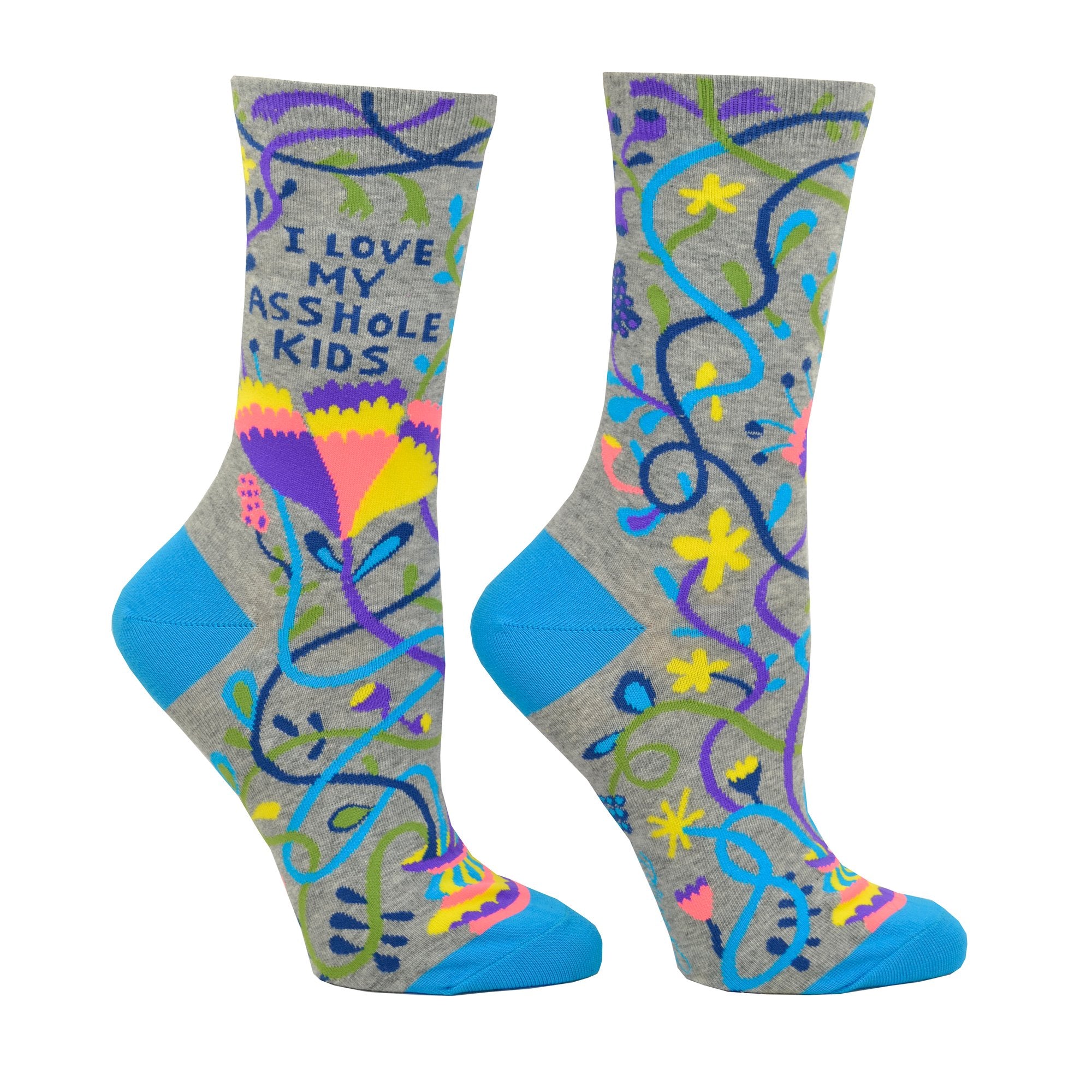 grey socks with multicolour squiggles and flowers and says i love my asshole kids