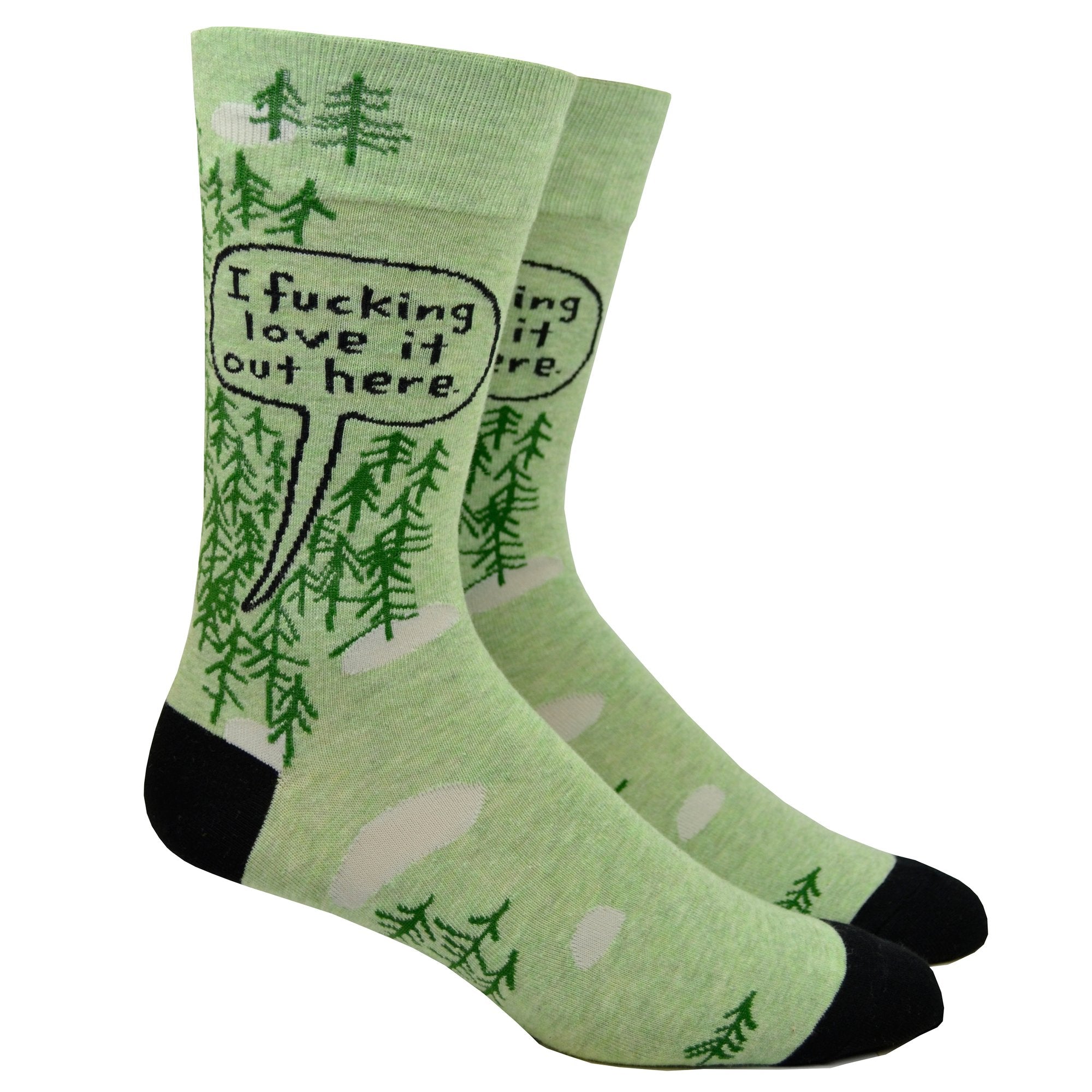 green socks with tree and a word bubble that says i fucking love it out here