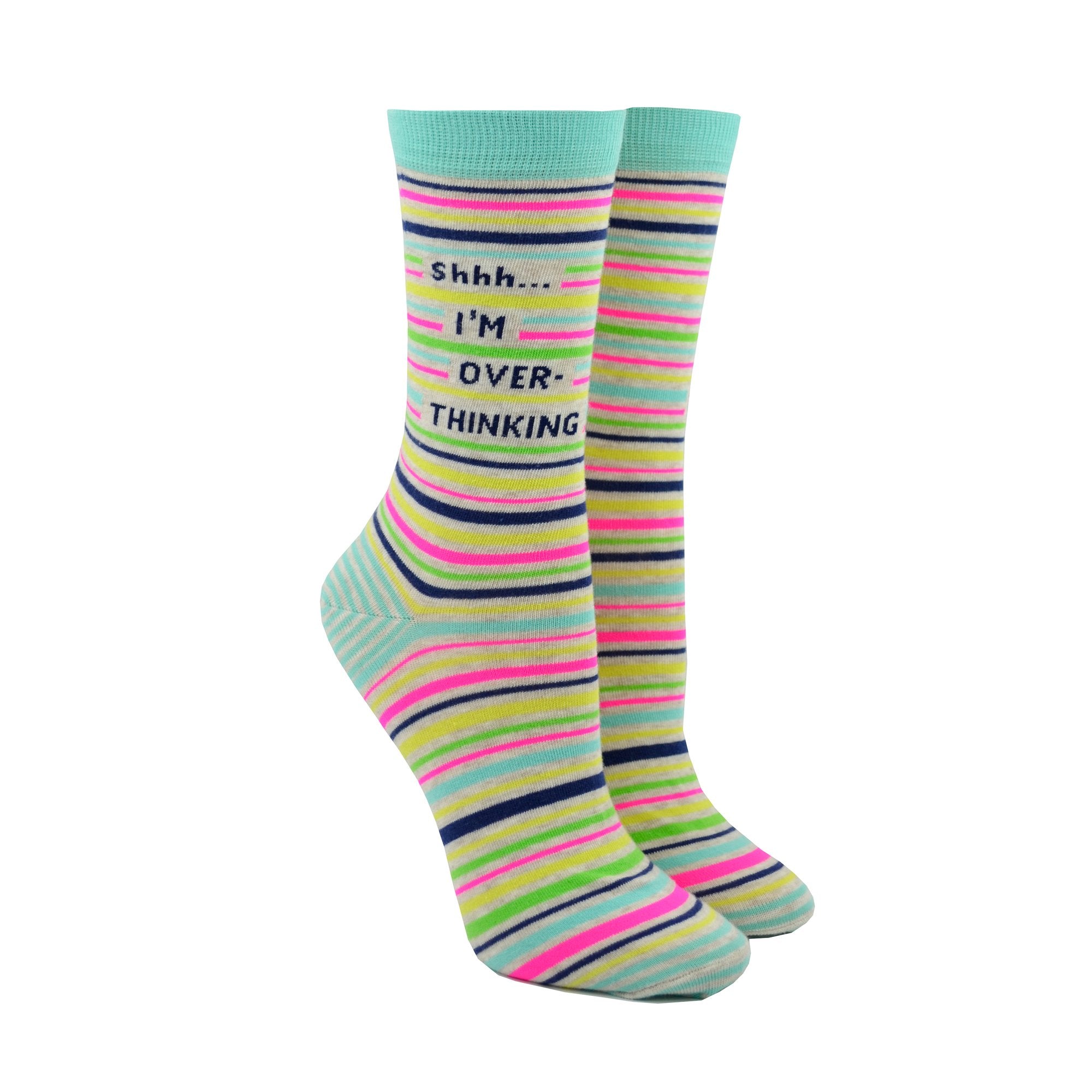 socks with multicolour mini stripes that say shhh...i'm over-thinking