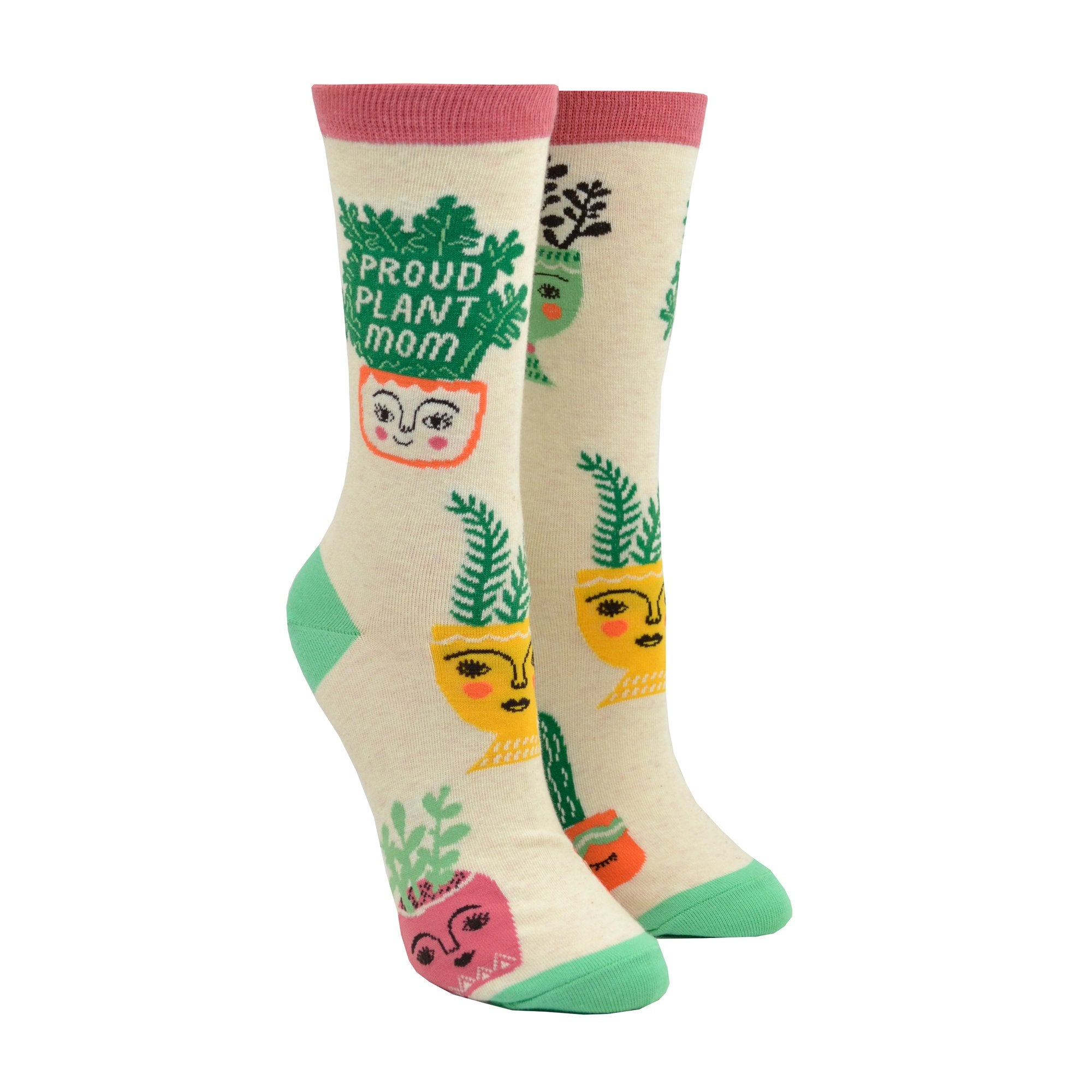 cream socks with potted plants with faces, one plant says proud plant mom