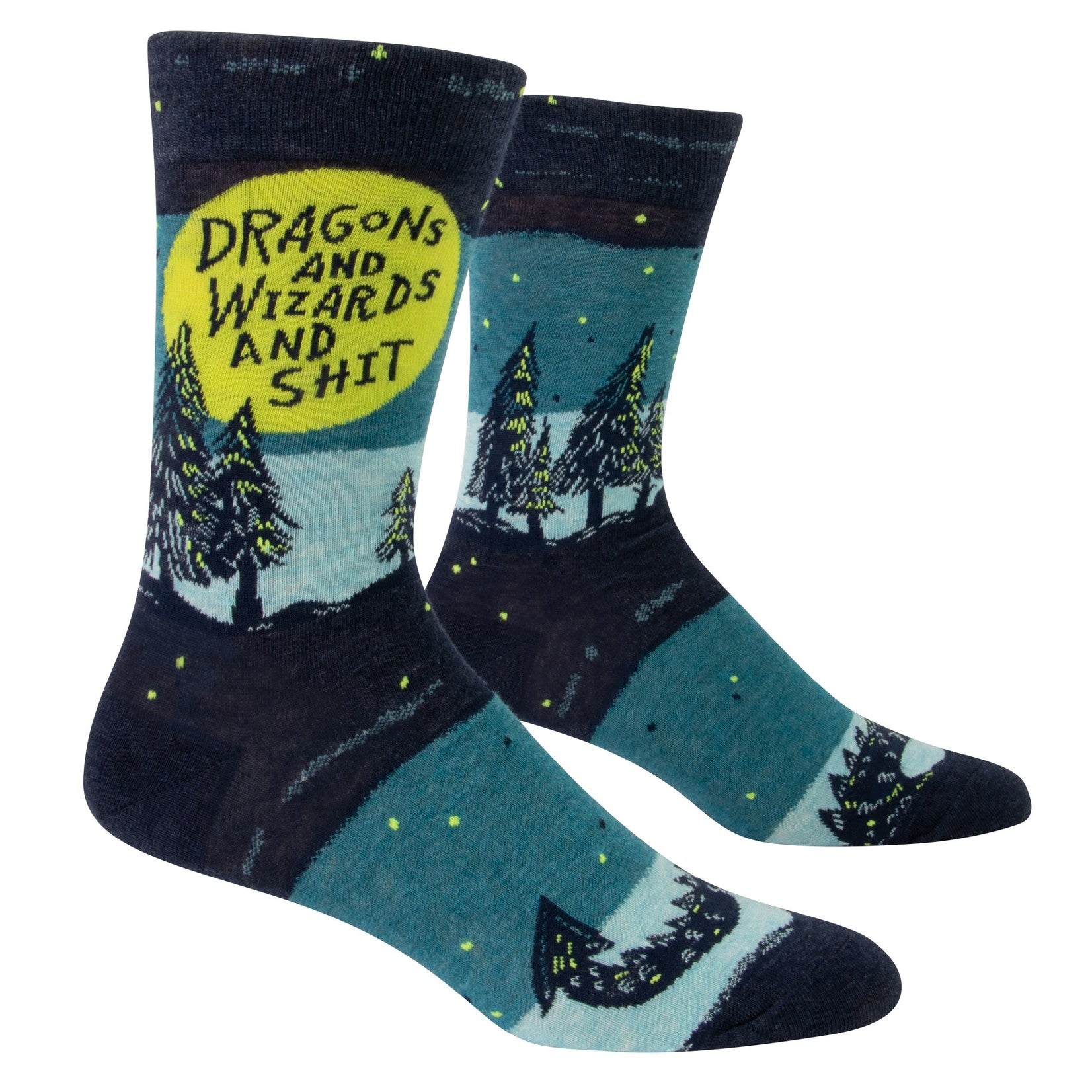 socks with pictures of trees and yellow moon saying dragons and wizards and shit