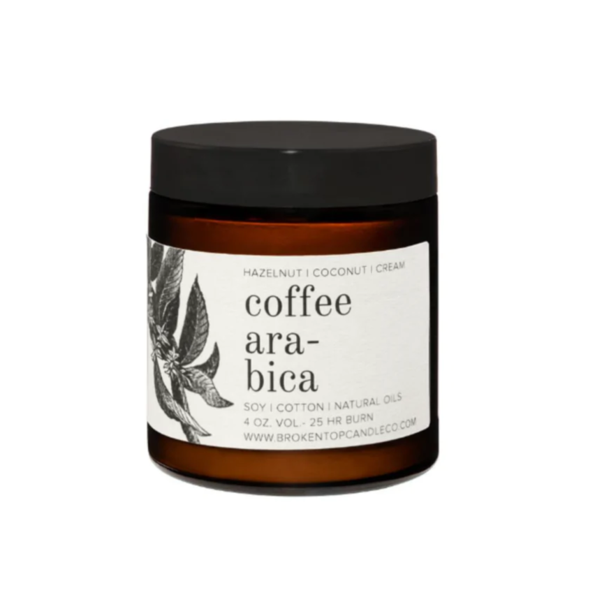 4oz coffee arabica candle brown jar white label black lid