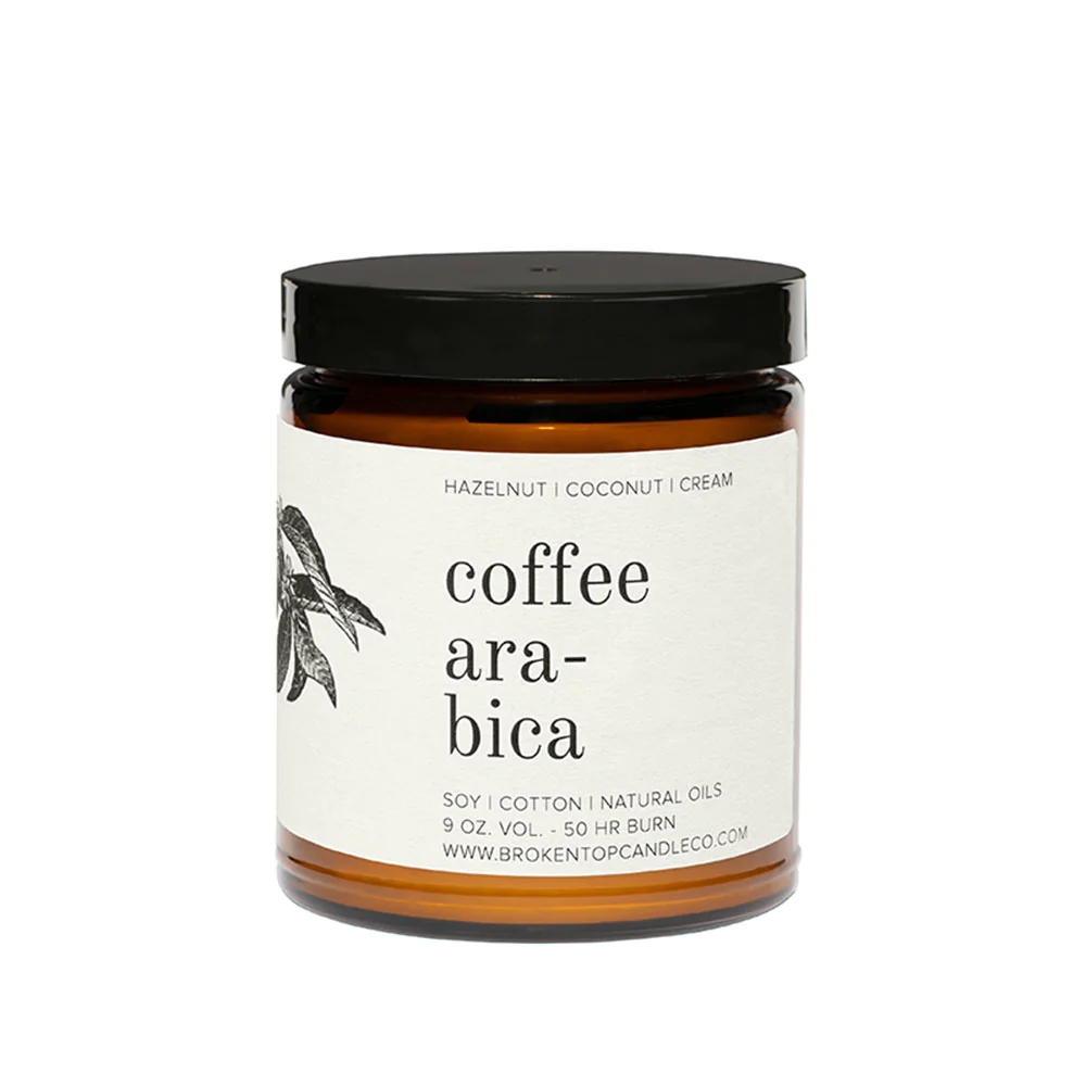 9 oz coffee arabica candle brown jar white label black lid