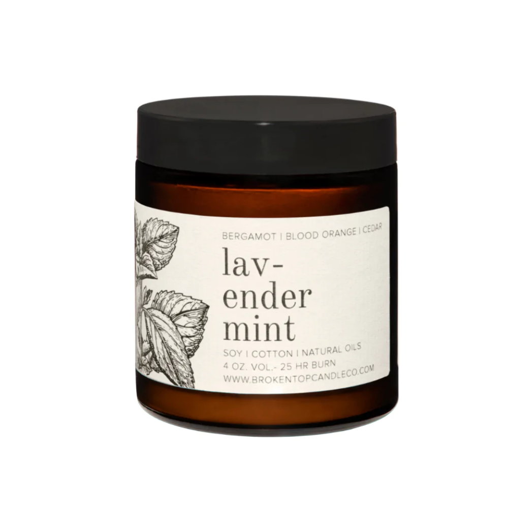 4 oz lavender mint candle brown jar white label black lid on white background